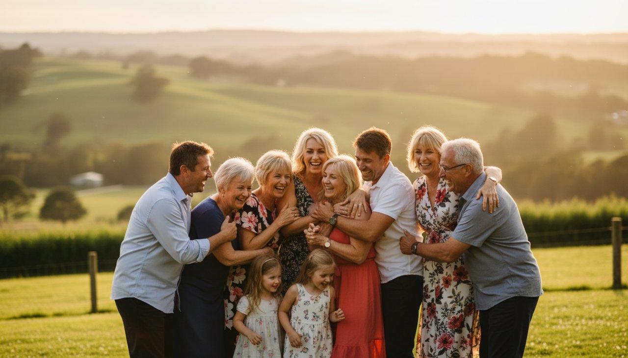 An Avonsleigh Victoria candid event photography specialists captures a heartwarming, unposed moment during a local fair, showing genuine laughter and connection under soft, golden hour light, set against a backdrop of rolling hills.