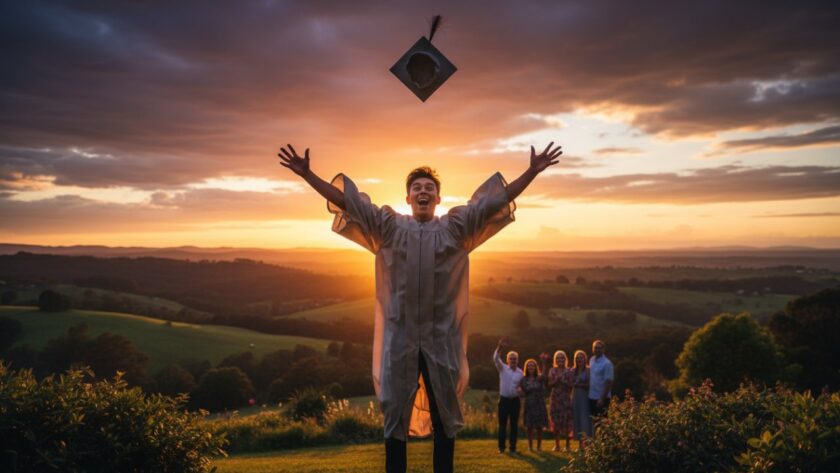 An ecstatic graduate, cap in air, silhouetted against a golden Avonsleigh sunset, embodying pure Avonsleigh Victoria graduation photography joy, with rolling hills in the background.