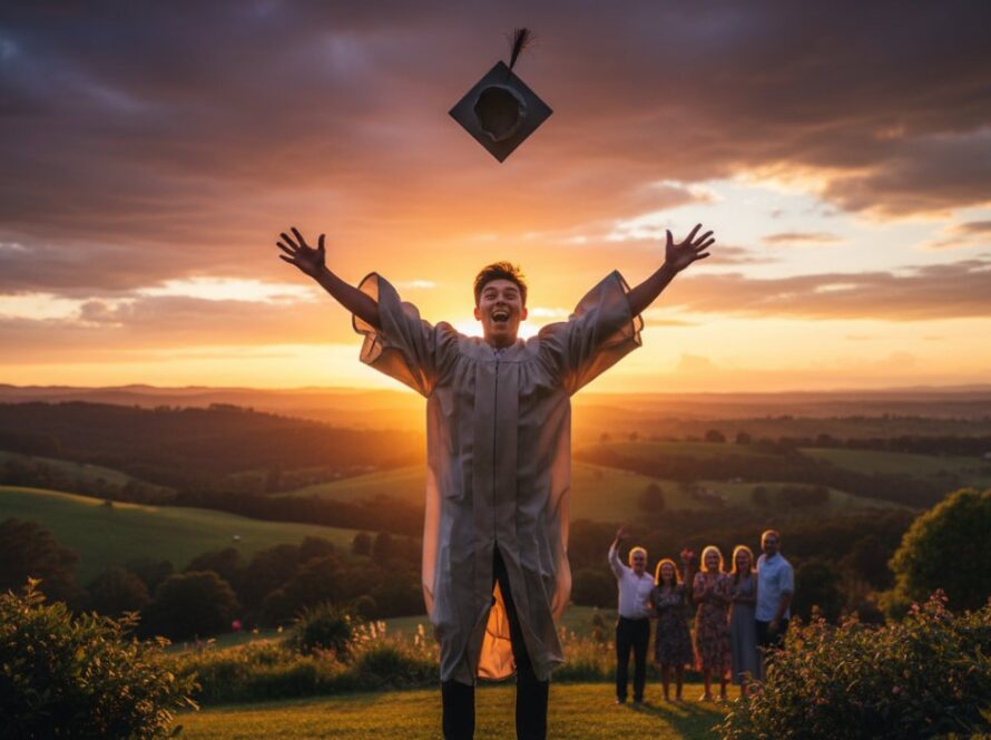An ecstatic graduate, cap in air, silhouetted against a golden Avonsleigh sunset, embodying pure Avonsleigh Victoria graduation photography joy, with rolling hills in the background.