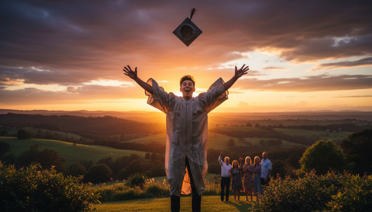 An ecstatic graduate, cap in air, silhouetted against a golden Avonsleigh sunset, embodying pure Avonsleigh Victoria graduation photography joy, with rolling hills in the background.