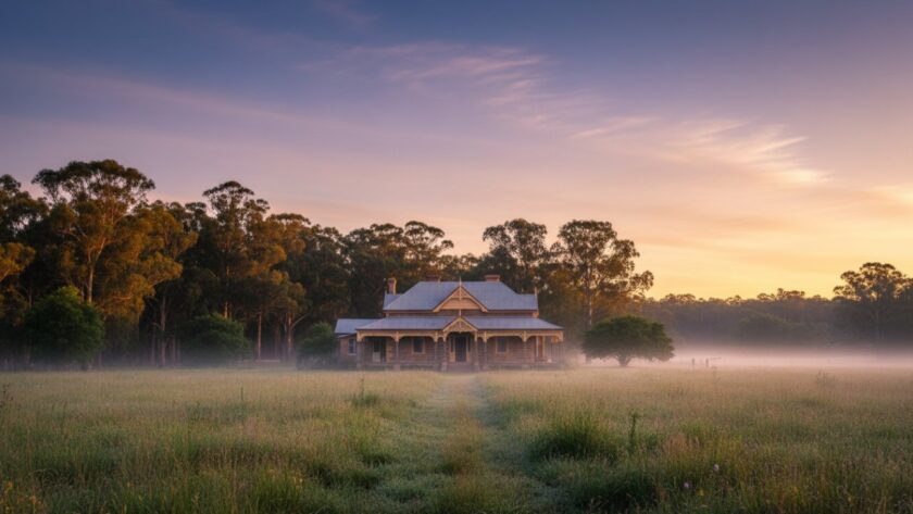 A wide-angle, cinematic photograph showcasing a heritage Victorian home in Badger Creek at dawn, with golden light illuminating its intricate timber details and a light mist rising from the surrounding gum trees, epitomizing Badger Creek architectural photography capturing local character.