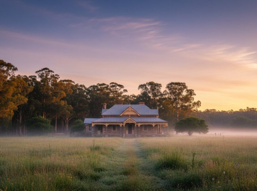 A wide-angle, cinematic photograph showcasing a heritage Victorian home in Badger Creek at dawn, with golden light illuminating its intricate timber details and a light mist rising from the surrounding gum trees, epitomizing Badger Creek architectural photography capturing local character.