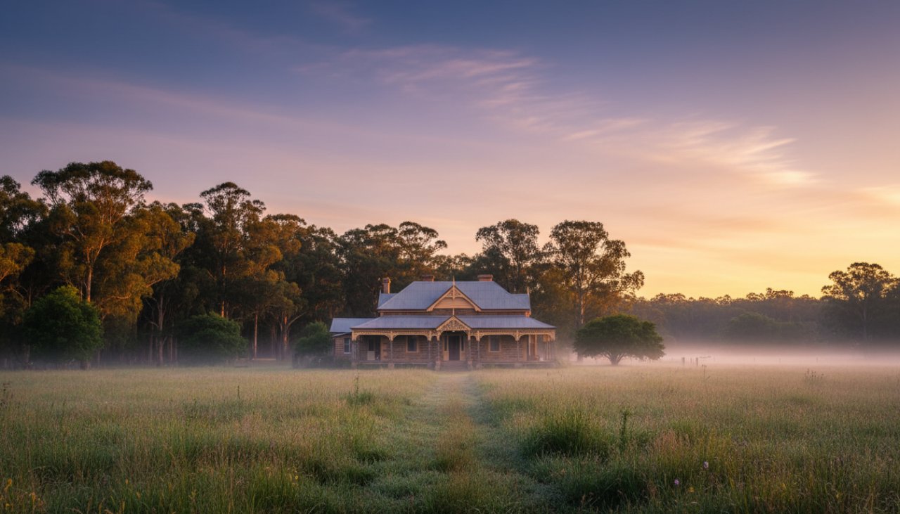 A wide-angle, cinematic photograph showcasing a heritage Victorian home in Badger Creek at dawn, with golden light illuminating its intricate timber details and a light mist rising from the surrounding gum trees, epitomizing Badger Creek architectural photography capturing local character.