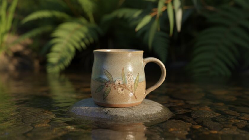 An exquisite close-up of a handcrafted ceramic mug from Badger Creek, bathed in soft morning light, showcasing intricate details and textures, captured for Badger Creek artisanal product photography storytelling.