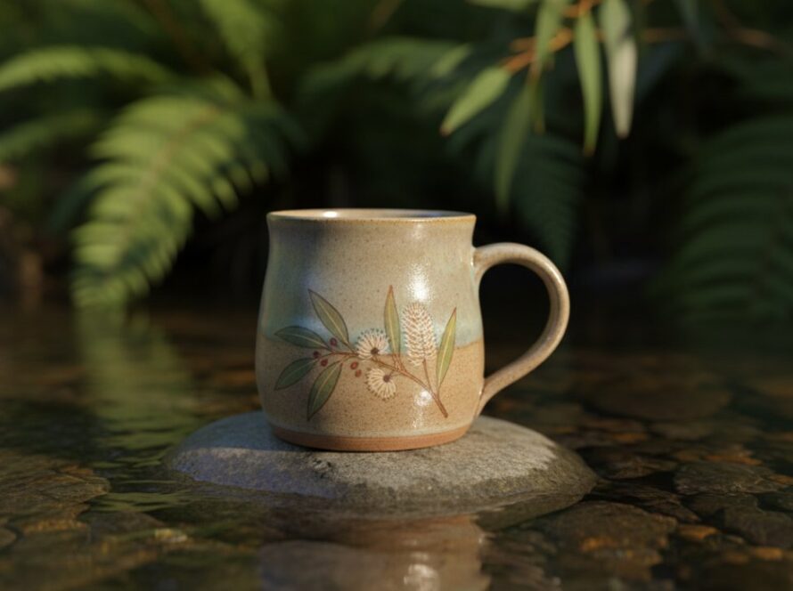 An exquisite close-up of a handcrafted ceramic mug from Badger Creek, bathed in soft morning light, showcasing intricate details and textures, captured for Badger Creek artisanal product photography storytelling.