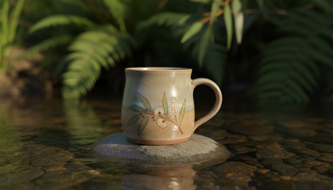 An exquisite close-up of a handcrafted ceramic mug from Badger Creek, bathed in soft morning light, showcasing intricate details and textures, captured for Badger Creek artisanal product photography storytelling.
