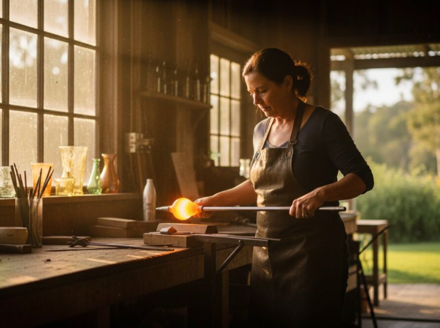 Epic moment shot of a local artisan in Badger Creek showcasing their handcrafted product with passion, bathed in warm afternoon sunlight, embodying authentic brand storytelling photography.