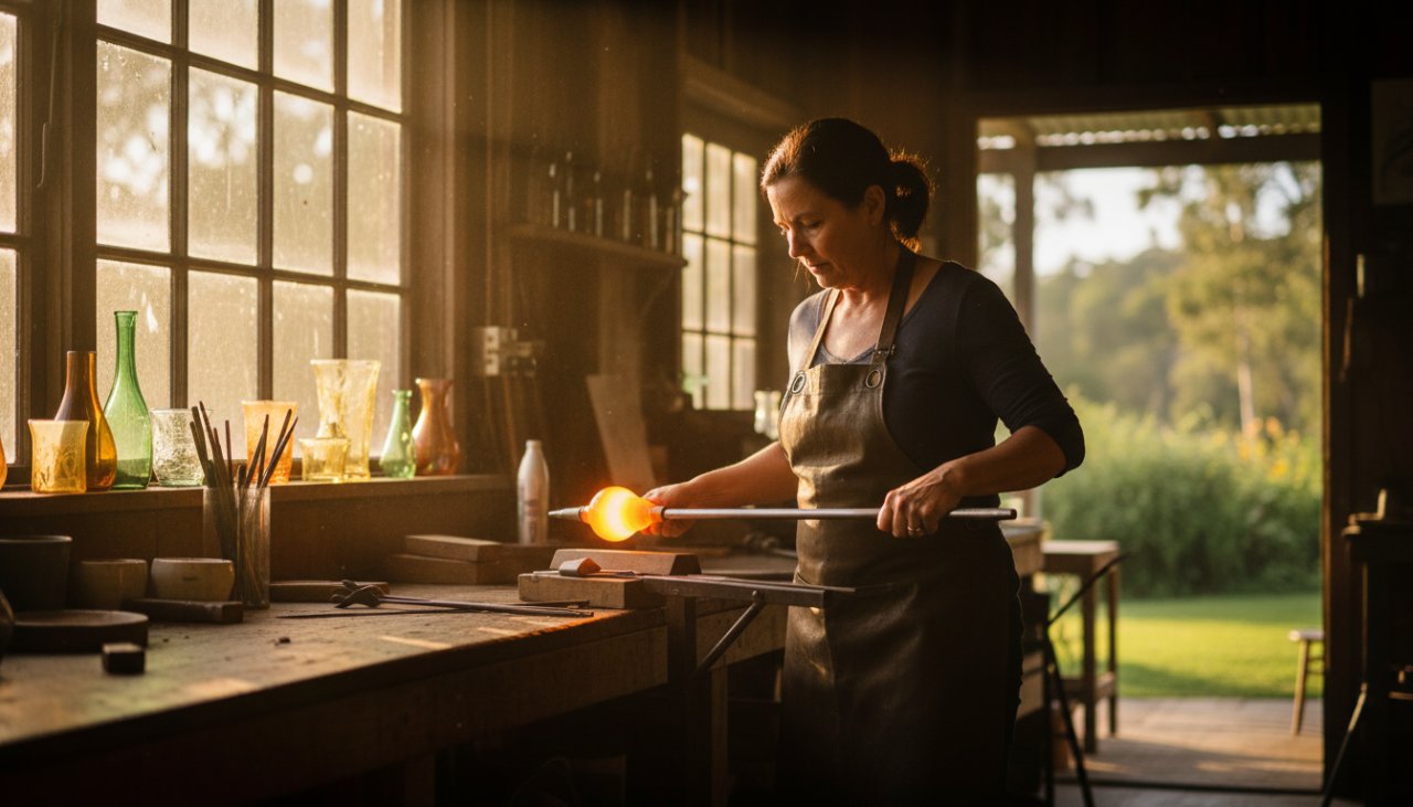 Epic moment shot of a local artisan in Badger Creek showcasing their handcrafted product with passion, bathed in warm afternoon sunlight, embodying authentic brand storytelling photography.