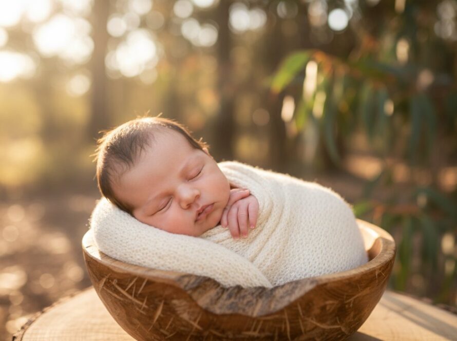 Badger Creek bespoke newborn photography featuring a serene baby wrapped in soft cream fabric, delicately posed in a rustic wooden prop amidst a gentle sun-dappled Australian bush backdrop, capturing a peaceful and artistic moment.
