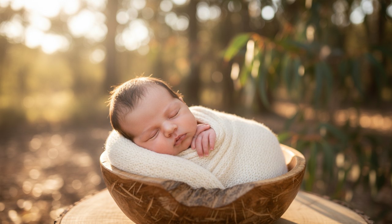 Badger Creek bespoke newborn photography featuring a serene baby wrapped in soft cream fabric, delicately posed in a rustic wooden prop amidst a gentle sun-dappled Australian bush backdrop, capturing a peaceful and artistic moment.