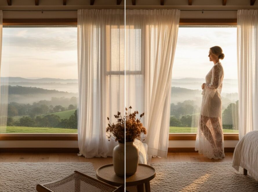A confident woman in an elegant, flowing robe, silhouetted against the warm, golden light of a sunrise over the rolling hills of Badger Creek, captured during a Badger Creek boudoir photography for confident women session, embodying grace and strength.