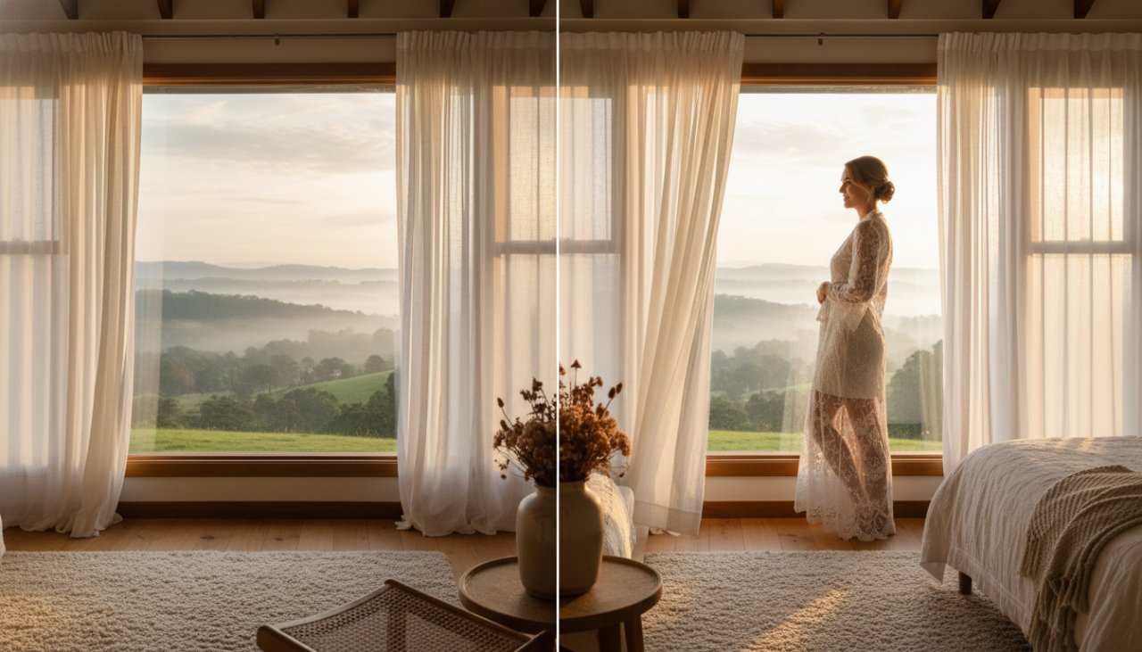 A confident woman in an elegant, flowing robe, silhouetted against the warm, golden light of a sunrise over the rolling hills of Badger Creek, captured during a Badger Creek boudoir photography for confident women session, embodying grace and strength.