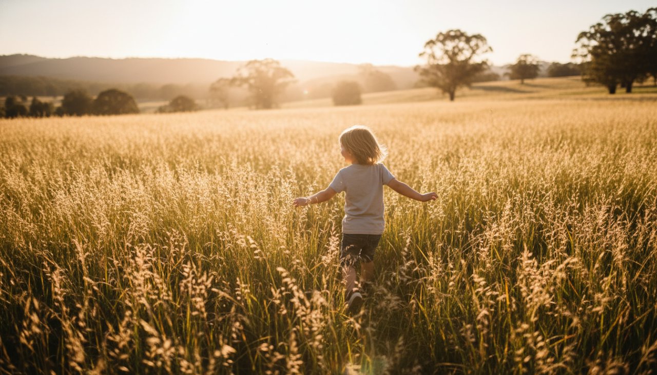An energetic child laughing joyfully while running through a sun-dappled field at sunset in Badger Creek, perfectly capturing a Badger Creek children's photography candid moment with golden light.