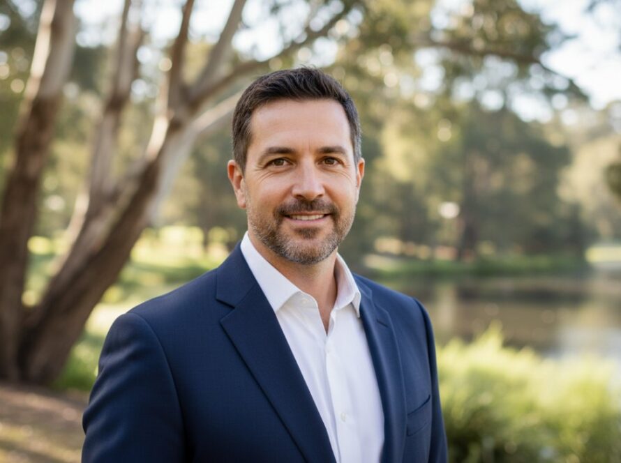 A dynamic and professional corporate headshot of a confident business person against a blurred backdrop of the serene Badger Creek landscape at sunset, emphasizing professional Badger Creek corporate headshots professional.