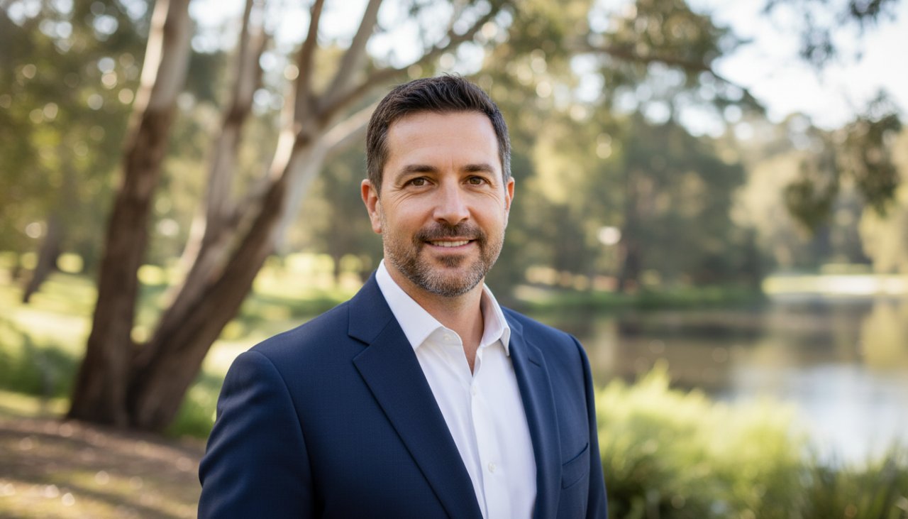 A dynamic and professional corporate headshot of a confident business person against a blurred backdrop of the serene Badger Creek landscape at sunset, emphasizing professional Badger Creek corporate headshots professional.