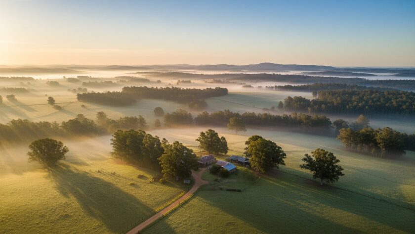 An epic aerial shot of the Badger Creek drone photography breathtaking landscapes, showcasing the dense eucalypt forests meeting open paddocks at sunrise, with a mist clinging to the Yarra Ranges foothills.