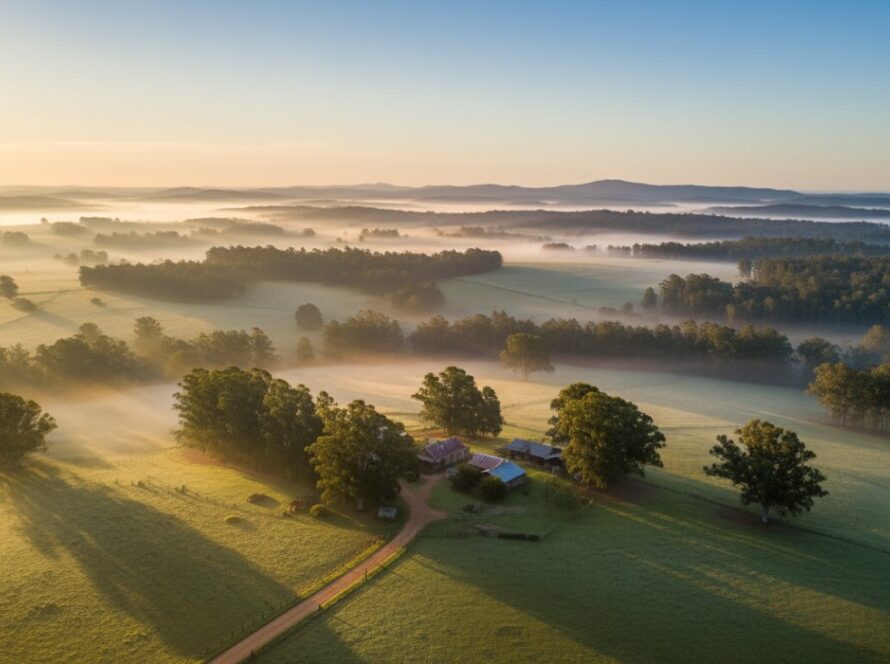 An epic aerial shot of the Badger Creek drone photography breathtaking landscapes, showcasing the dense eucalypt forests meeting open paddocks at sunrise, with a mist clinging to the Yarra Ranges foothills.