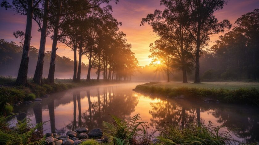 An epic moment captured in a Badger Creek fine art landscape photography masterpiece, featuring a serene sunrise over the protected forest, mist rising from Badger Creek, and golden light illuminating towering eucalyptus trees, reflecting on calm water.