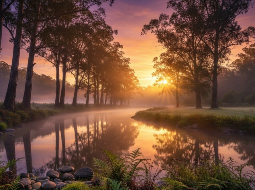 An epic moment captured in a Badger Creek fine art landscape photography masterpiece, featuring a serene sunrise over the protected forest, mist rising from Badger Creek, and golden light illuminating towering eucalyptus trees, reflecting on calm water.
