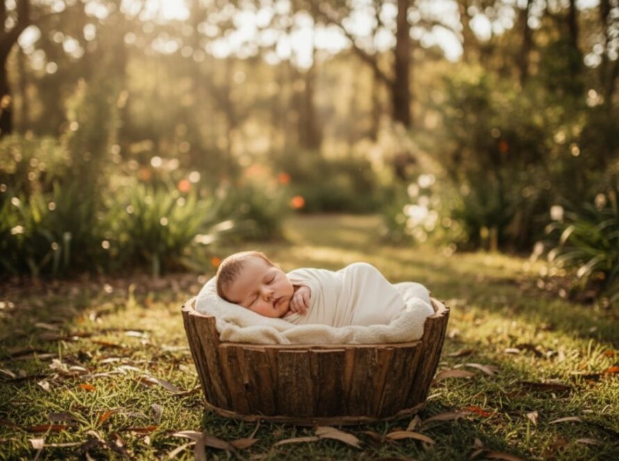 A serene, artistic close-up of a peacefully sleeping newborn baby wrapped in soft, natural fabric, held gently by loving hands, with a warm, sunlit, blurred backdrop of Badger Creek's natural bushland, capturing the essence of Badger Creek Gentle Newborn Photography Melbourne.