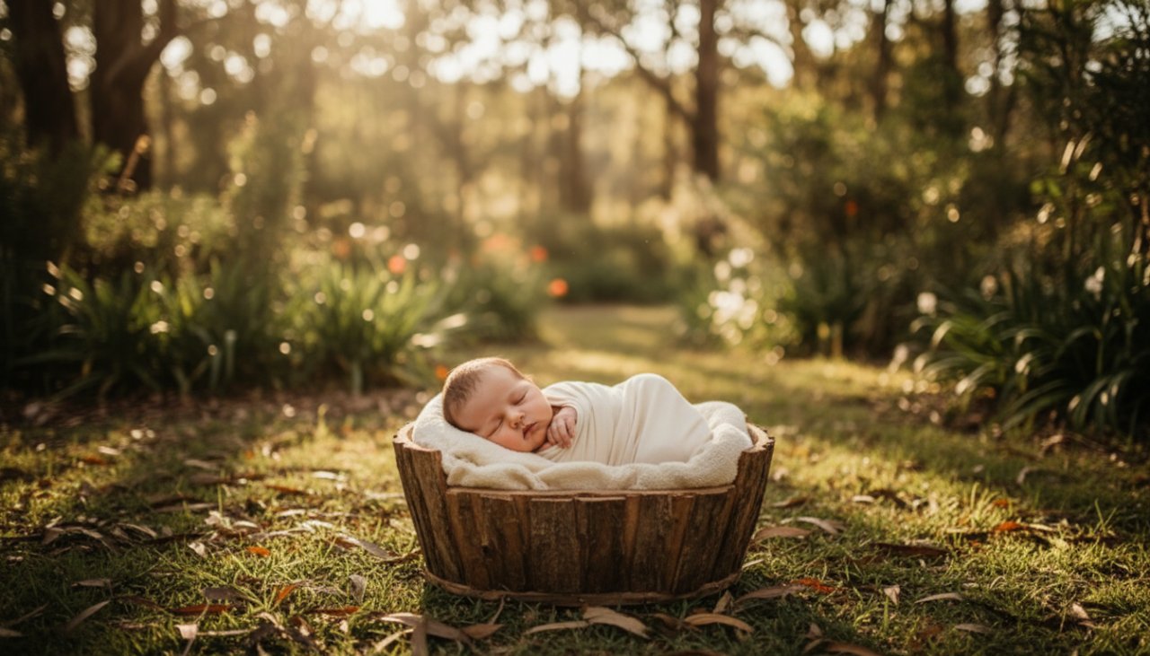 A serene, artistic close-up of a peacefully sleeping newborn baby wrapped in soft, natural fabric, held gently by loving hands, with a warm, sunlit, blurred backdrop of Badger Creek's natural bushland, capturing the essence of Badger Creek Gentle Newborn Photography Melbourne.