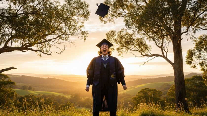 A vibrant, epic moment photograph capturing a beaming graduate in their cap and gown, joyfully tossing their mortarboard against a picturesque backdrop of rolling green hills and distant eucalyptus trees in Badger Creek, Victoria, symbolising the successful Badger Creek Graduation Photography Memories.