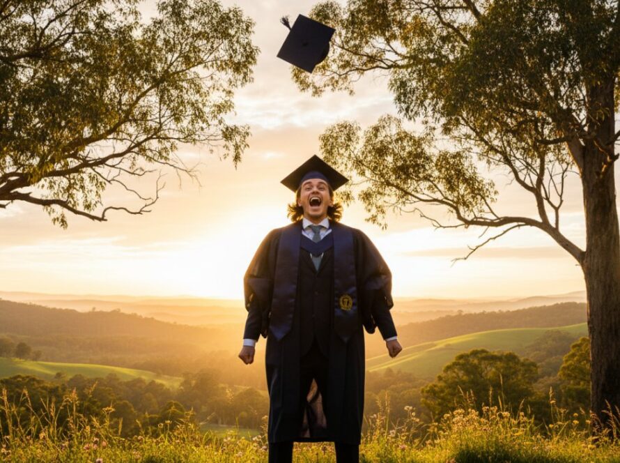 A vibrant, epic moment photograph capturing a beaming graduate in their cap and gown, joyfully tossing their mortarboard against a picturesque backdrop of rolling green hills and distant eucalyptus trees in Badger Creek, Victoria, symbolising the successful Badger Creek Graduation Photography Memories.