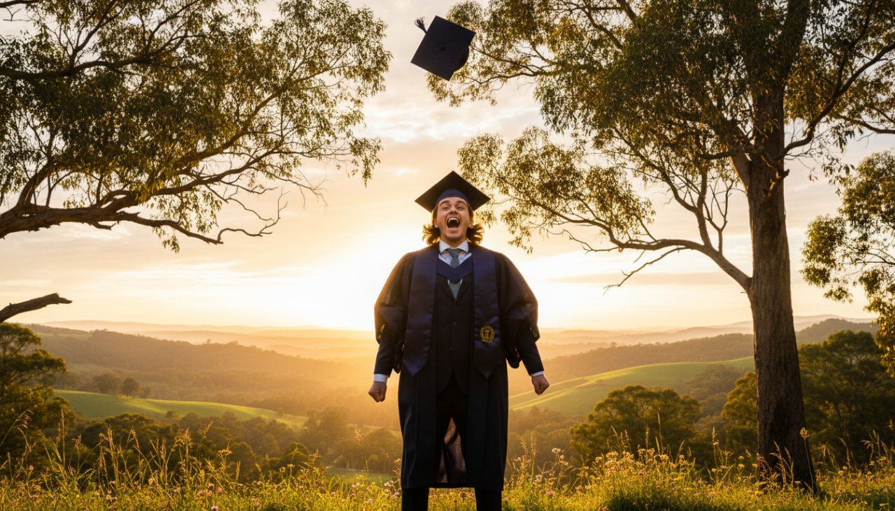 A vibrant, epic moment photograph capturing a beaming graduate in their cap and gown, joyfully tossing their mortarboard against a picturesque backdrop of rolling green hills and distant eucalyptus trees in Badger Creek, Victoria, symbolising the successful Badger Creek Graduation Photography Memories.