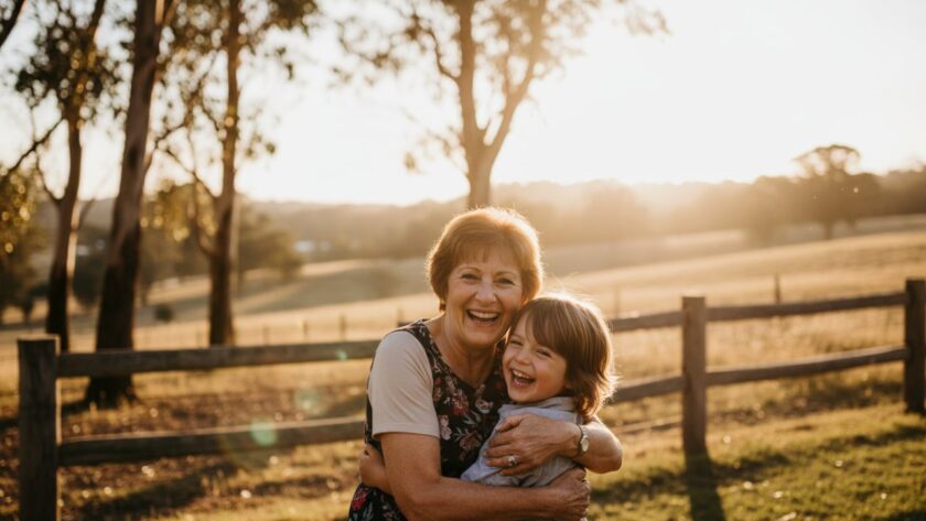 A heartwarming, candid photograph capturing a family laughing joyfully during an outdoor birthday celebration at a rustic venue in Badger Creek, Victoria, beautifully lit by golden hour sun, exemplifying Badger Creek intimate celebrations photography.