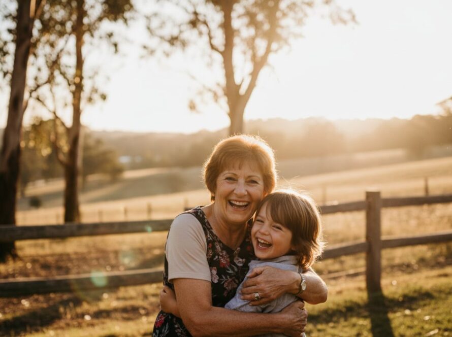 A heartwarming, candid photograph capturing a family laughing joyfully during an outdoor birthday celebration at a rustic venue in Badger Creek, Victoria, beautifully lit by golden hour sun, exemplifying Badger Creek intimate celebrations photography.