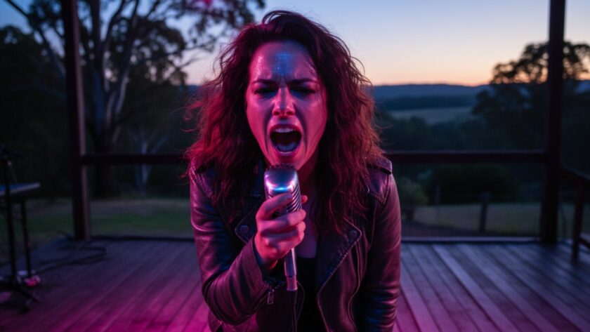 An electrifying close-up of a guitarist performing under dynamic stage lighting at a community festival in Badger Creek, perfectly capturing the intense energy of Badger Creek Live Music Event Photography Yarra Valley, with the crowd visible in a soft blur behind.