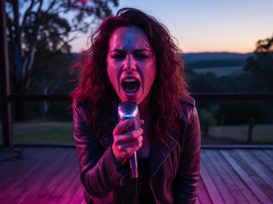 An electrifying close-up of a guitarist performing under dynamic stage lighting at a community festival in Badger Creek, perfectly capturing the intense energy of Badger Creek Live Music Event Photography Yarra Valley, with the crowd visible in a soft blur behind.