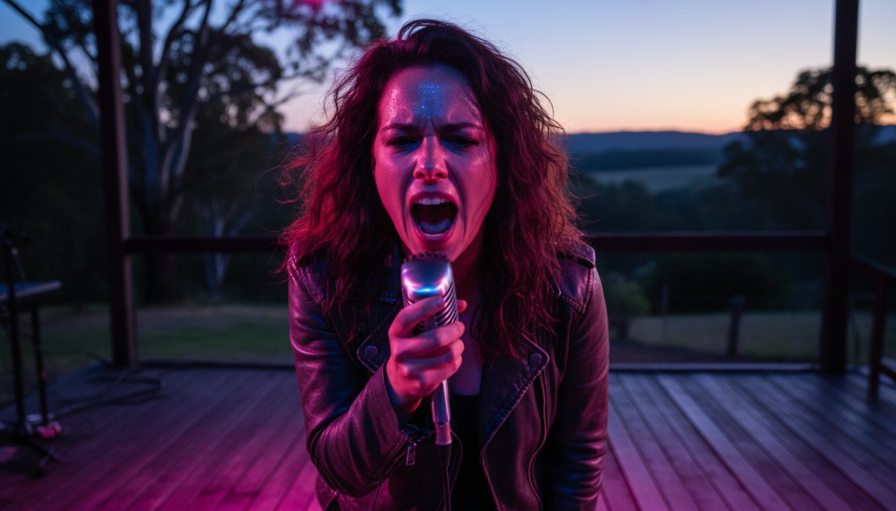 An electrifying close-up of a guitarist performing under dynamic stage lighting at a community festival in Badger Creek, perfectly capturing the intense energy of Badger Creek Live Music Event Photography Yarra Valley, with the crowd visible in a soft blur behind.