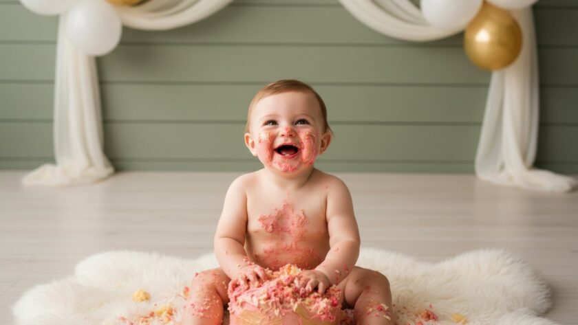 Epic moment of a joyful baby covered in cake, laughing amidst colourful balloons during a luxurious first birthday cake smash photography session in a beautifully decorated studio near Badger Creek, Victoria.
