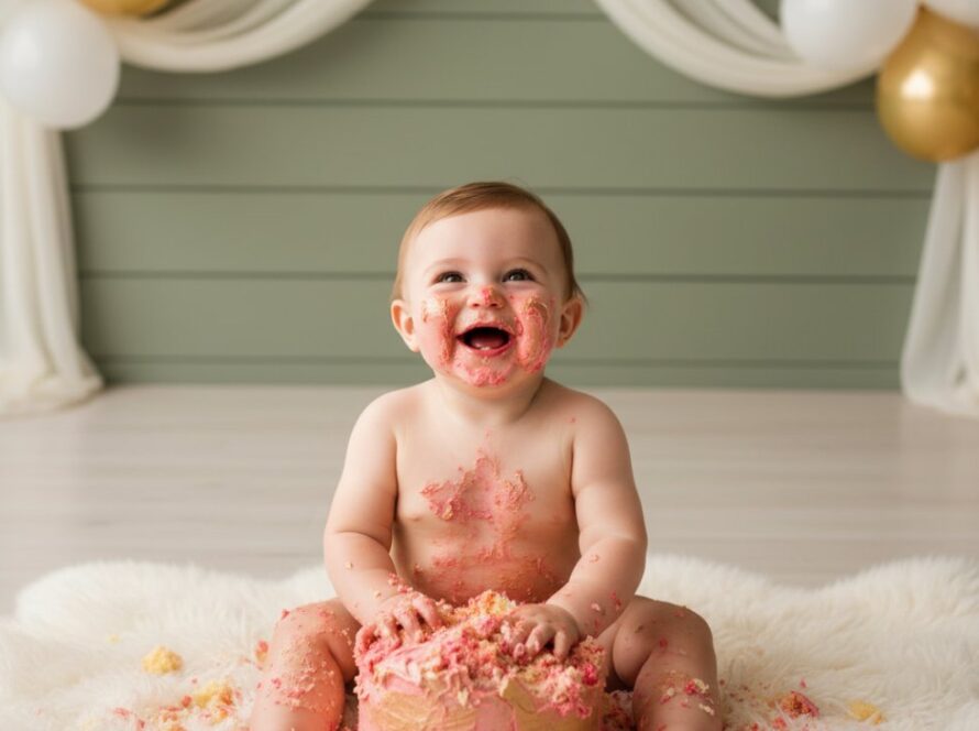 Epic moment of a joyful baby covered in cake, laughing amidst colourful balloons during a luxurious first birthday cake smash photography session in a beautifully decorated studio near Badger Creek, Victoria.