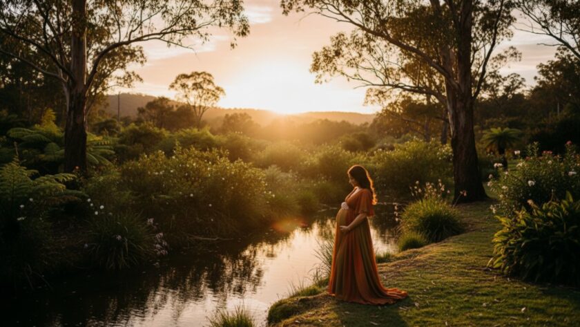 A breathtaking Badger Creek maternity photography outdoor experience featuring a pregnant woman bathed in golden hour light, standing gracefully by Badger Creek with lush Yarra Valley bushland backdrop, capturing an epic, serene moment.