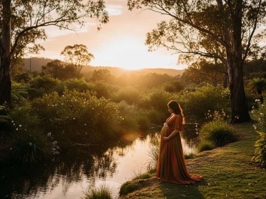 A breathtaking Badger Creek maternity photography outdoor experience featuring a pregnant woman bathed in golden hour light, standing gracefully by Badger Creek with lush Yarra Valley bushland backdrop, capturing an epic, serene moment.