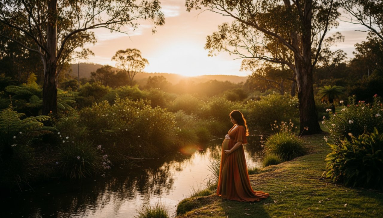 A breathtaking Badger Creek maternity photography outdoor experience featuring a pregnant woman bathed in golden hour light, standing gracefully by Badger Creek with lush Yarra Valley bushland backdrop, capturing an epic, serene moment.