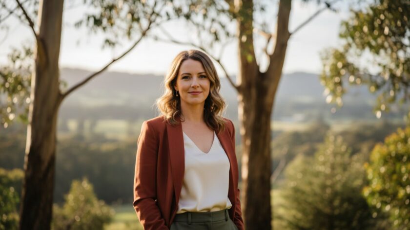 A striking, cinematic professional headshot of a confident woman, mid-laugh, taken outdoors in Badger Creek professional headshots for Yarra Valley, with the soft, diffused light filtering through native Australian eucalyptus trees in the background, showcasing an authentic and approachable demeanour.