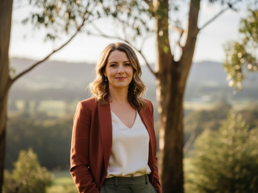 A striking, cinematic professional headshot of a confident woman, mid-laugh, taken outdoors in Badger Creek professional headshots for Yarra Valley, with the soft, diffused light filtering through native Australian eucalyptus trees in the background, showcasing an authentic and approachable demeanour.