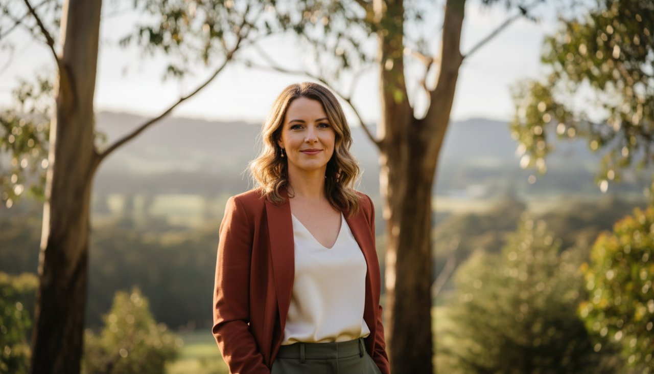 A striking, cinematic professional headshot of a confident woman, mid-laugh, taken outdoors in Badger Creek professional headshots for Yarra Valley, with the soft, diffused light filtering through native Australian eucalyptus trees in the background, showcasing an authentic and approachable demeanour.