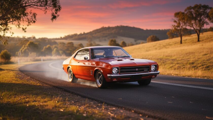 An epic moment in Badger Creek Rustic Automotive Photography, showcasing a vintage muscle car gleaming under golden hour light on a winding, tree-lined road near Healesville Sanctuary, capturing its raw power and the scenic Australian landscape.