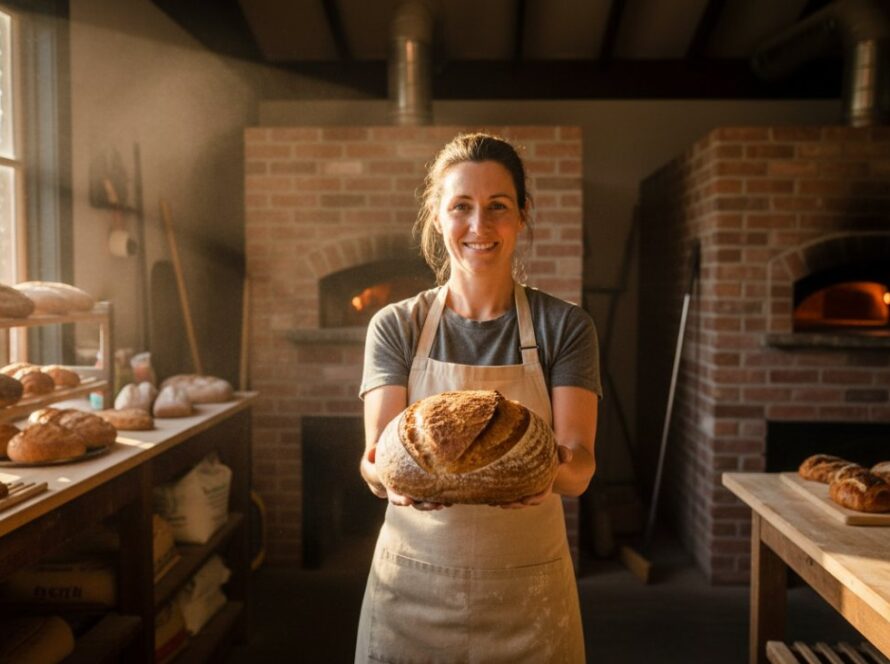 Epic moment capture of a local artisanal baker in Badger Creek, Victoria, proudly presenting freshly baked bread, showcasing strong Badger Creek Victoria commercial photography business branding with warm, inviting studio lighting.