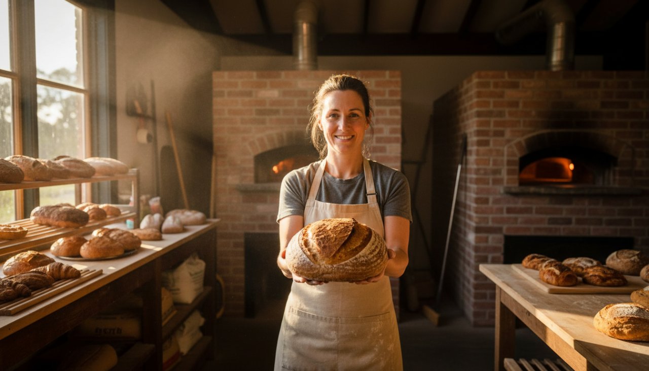 Epic moment capture of a local artisanal baker in Badger Creek, Victoria, proudly presenting freshly baked bread, showcasing strong Badger Creek Victoria commercial photography business branding with warm, inviting studio lighting.