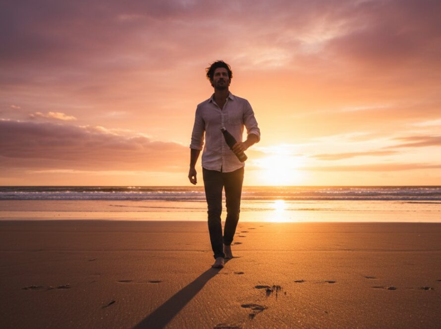 A vibrant and dynamic Balnarring Beach advertising photography for brands shot, capturing a stylish model interacting with a premium beverage product against the backdrop of a stunning sunrise, waves gently lapping the shore, evoking a sense of luxury and serene coastal lifestyle.