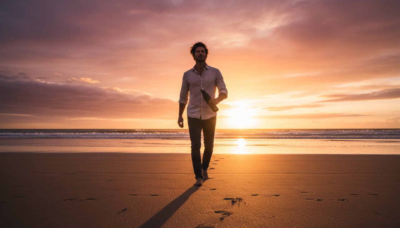 A vibrant and dynamic Balnarring Beach advertising photography for brands shot, capturing a stylish model interacting with a premium beverage product against the backdrop of a stunning sunrise, waves gently lapping the shore, evoking a sense of luxury and serene coastal lifestyle.
