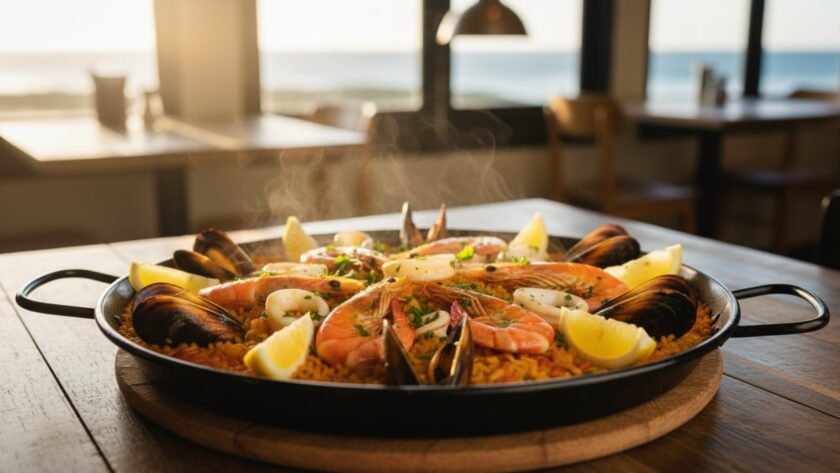 Dramatic close-up of a beautifully plated artisanal seafood paella, possibly featuring fresh mussels and prawns from Balnarring Beach, glistening under cinematic golden hour lighting on a rustic timber table in a charming coastal eatery, expertly captured for Balnarring Beach artisanal food photography services.