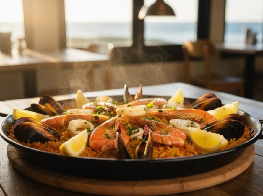 Dramatic close-up of a beautifully plated artisanal seafood paella, possibly featuring fresh mussels and prawns from Balnarring Beach, glistening under cinematic golden hour lighting on a rustic timber table in a charming coastal eatery, expertly captured for Balnarring Beach artisanal food photography services.