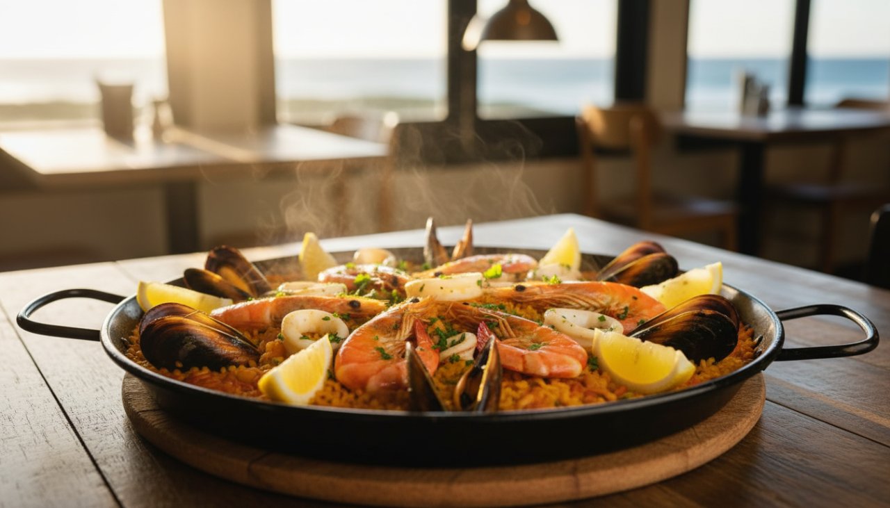 Dramatic close-up of a beautifully plated artisanal seafood paella, possibly featuring fresh mussels and prawns from Balnarring Beach, glistening under cinematic golden hour lighting on a rustic timber table in a charming coastal eatery, expertly captured for Balnarring Beach artisanal food photography services.