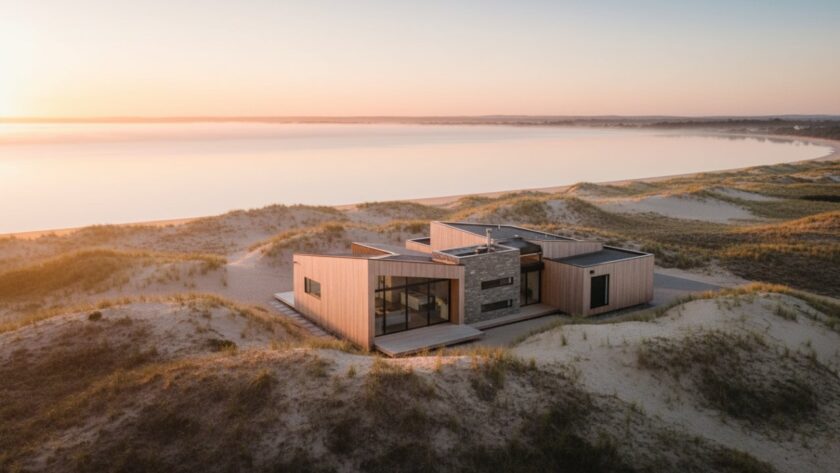 Dramatic aerial shot capturing a stunning modern Balnarring Beach coastal luxury home at sunrise, showcasing its unique architectural lines against the golden sand and tranquil ocean, with professional colour grading.
